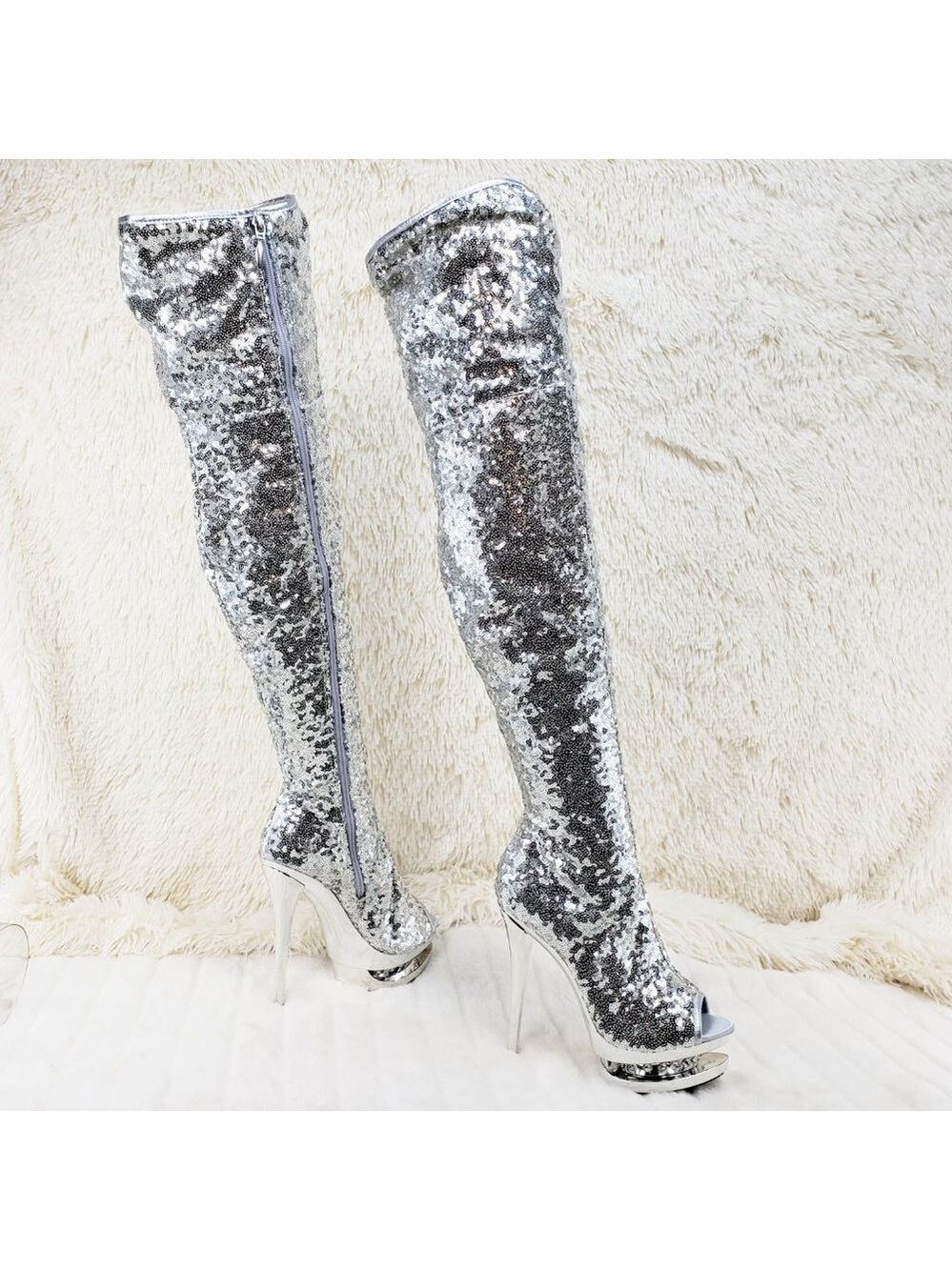 3011 Silver Sequin Open Toe Thigh High Heel Boots Blondie - Picture 3 of 15